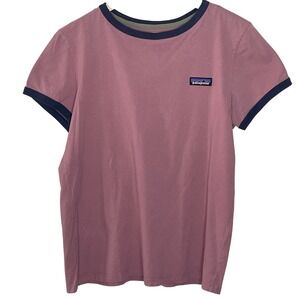 Patagonia Organic Cotton  T Shirt Women's Medium Short Sleeve‎ Pink Blue Trim
